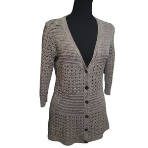 DKNY Jeans Women's Crochet V-Neck 3/4 Sleeve Button up Sweater cotton blend